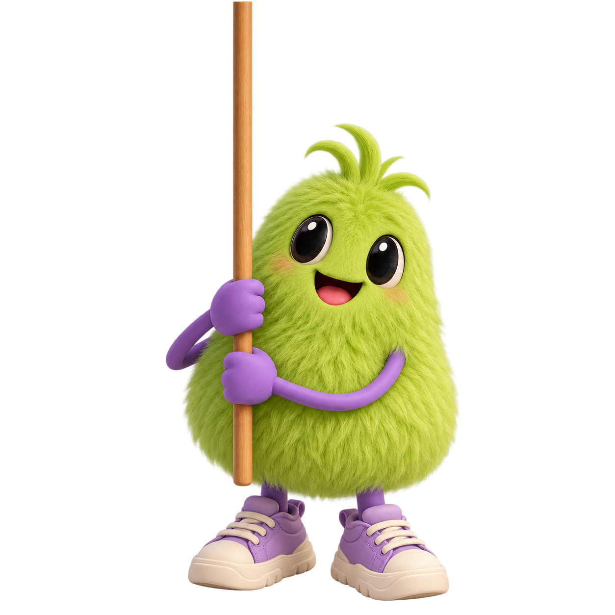 A cheerful green festival mascot holding the partner logos on a sign